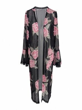 Sheer Floral Long Kimono Robe Lace Overlay Cardigan Cover Up - Black & Pink OS